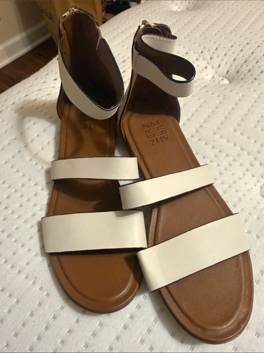 Naturalizer White Strap Brown Footbed Ankle-Strap Sandals